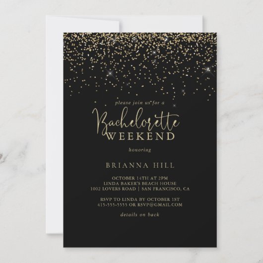 Gold Confetti Extravagant Script Bachelorette Week Einladung (Vorderseite)