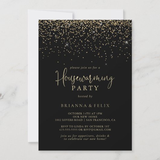 Gold Confetti Extravagant Script Housewarming Part Einladung (Vorderseite)