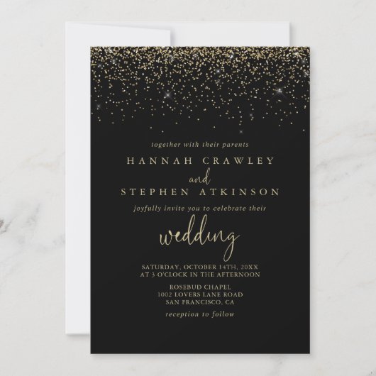 Gold Confetti Extravagante Script Front & Back Wed Einladung (Vorderseite)