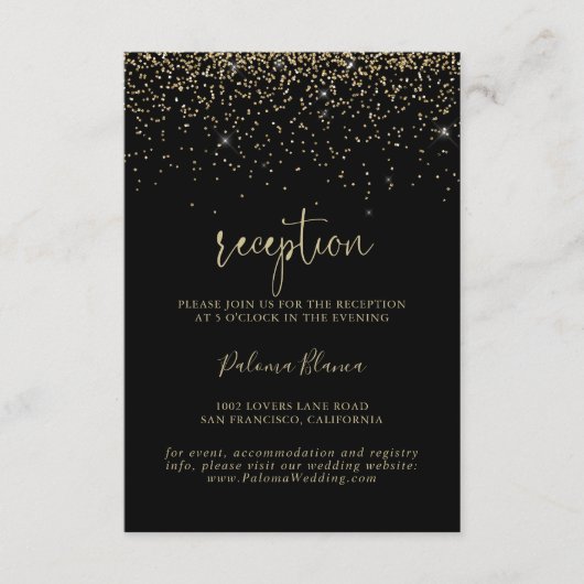 Gold Confetti Extravagante Script Hochzeitsempfehl Begleitkarte (Vorderseite)