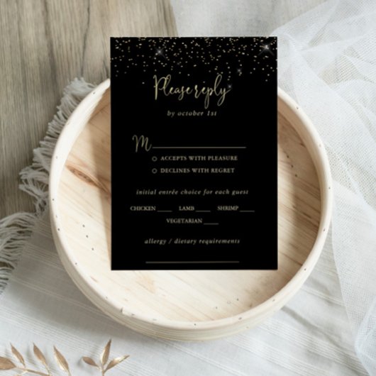 Gold Confetti Extravagante Wedding Menü UAWG RSVP Karte