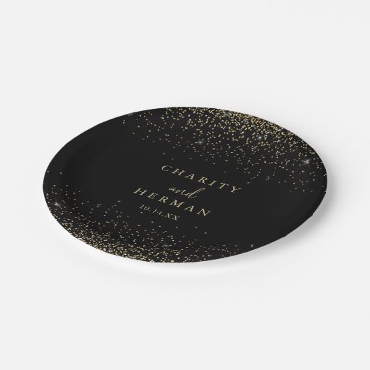 Gold Confetti Extravagantes Skript Hochzeitskuchen Pappteller (Schrägansicht)