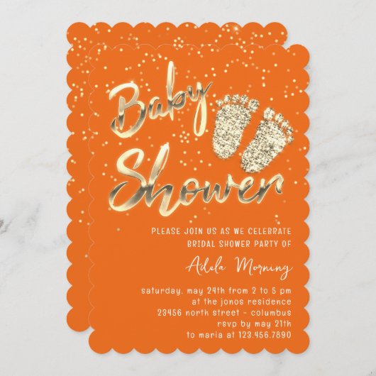 Gold Confetti Feet Baby Shooting Script Orange Einladung (Vorne/Hinten)