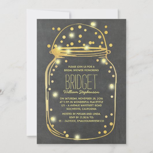 Gold Confetti Fireflies Mason Jar Brautparty Einladung (Vorderseite)