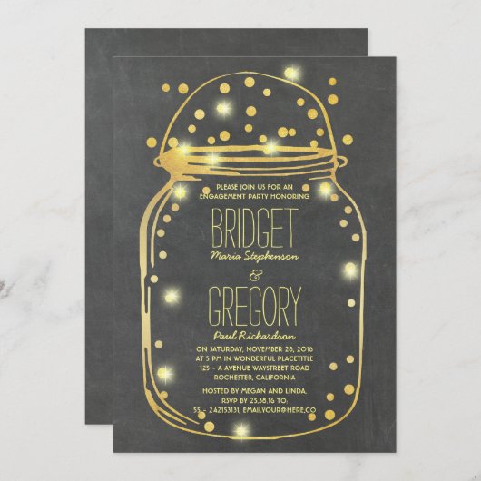 Gold Confetti Fireflies Mason Jar Engagement Party Einladung (Vorne/Hinten)