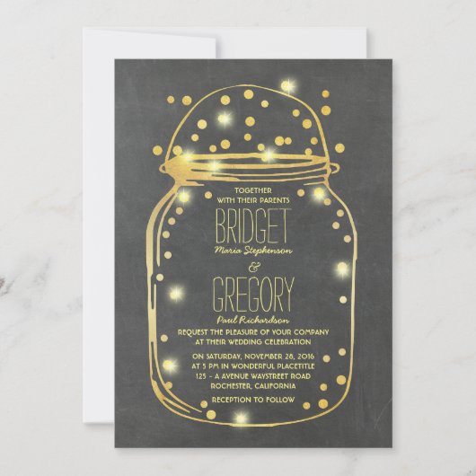 Gold Confetti Fireflies Mason Jar Wedding Einladung (Vorderseite)