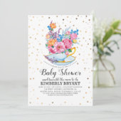 Gold Confetti | Floral Baby Shower Tee Party Einladung (Stehend Vorderseite)