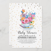 Gold Confetti | Floral Baby Shower Tee Party Einladung (Vorne/Hinten)