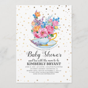 Gold Confetti Floral Baby Shower Tee Party Einladung