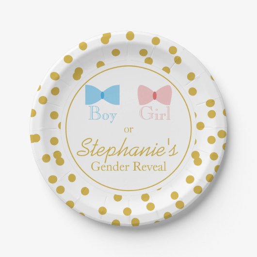 Gold Confetti Gender Reveal Bow und Bow Krawatte Pappteller (Vorderseite)