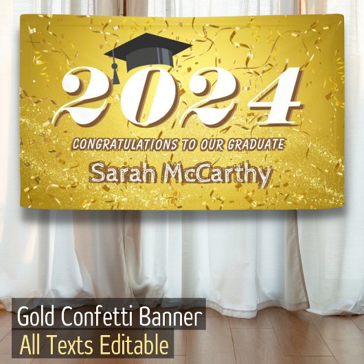 Gold Confetti Glitzer Class of 2025 Graduation Cap Banner