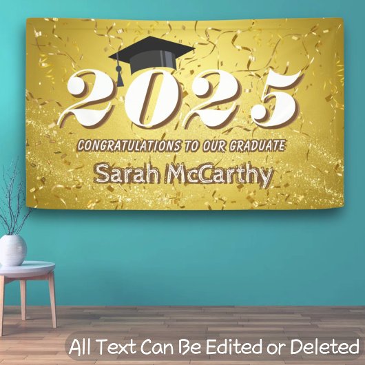 Gold Confetti Glitzer Class of 2025 Graduation Cap Banner