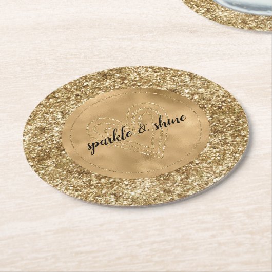 Gold Confetti Glitzer Herz Runder Pappuntersetzer (Angewinkelt)
