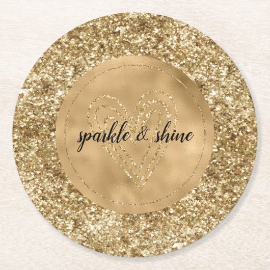 Gold Confetti Glitzer Herz Runder Pappuntersetzer (Vorderseite)