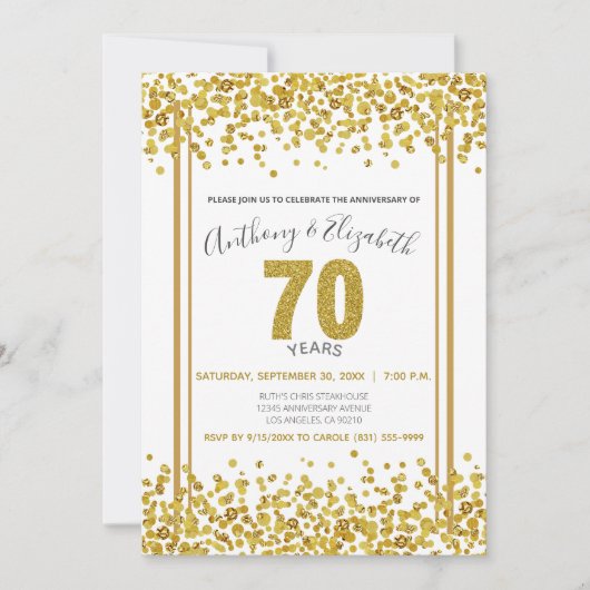 Gold Confetti Glitzer-Style 70th Anniversary Party Einladung (Vorderseite)