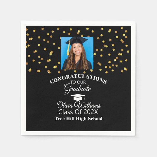 Gold Confetti Graduate Foto Graduation Party Serviette (Vorderseite)