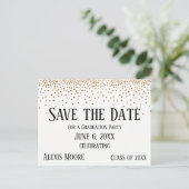 Gold Confetti Graduation Party Save the Date Postkarte (Stehend Vorderseite)