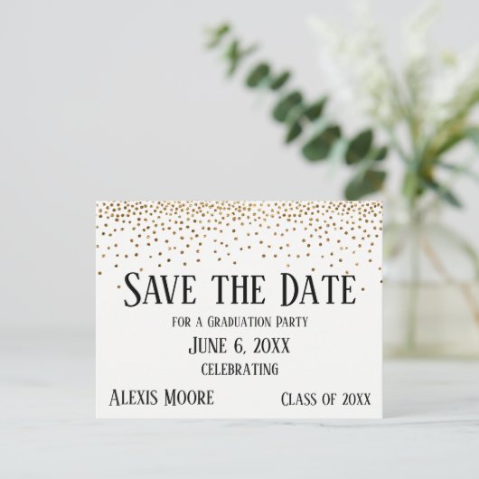 Gold Confetti Graduation Party Save the Date Postkarte (Stehend Vorderseite)