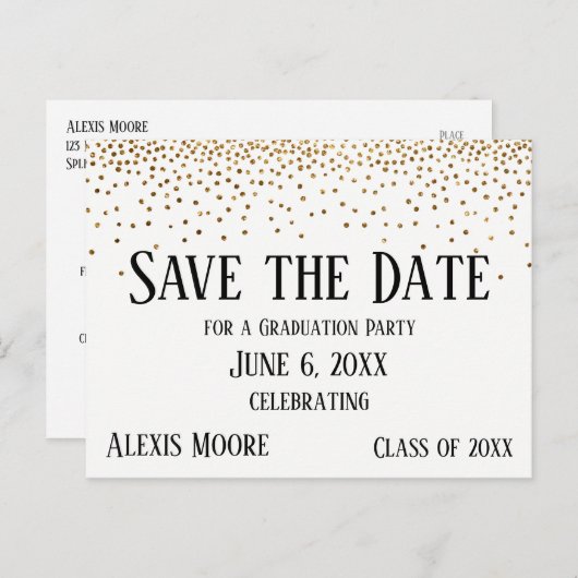 Gold Confetti Graduation Party Save the Date Postkarte (Vorne/Hinten)