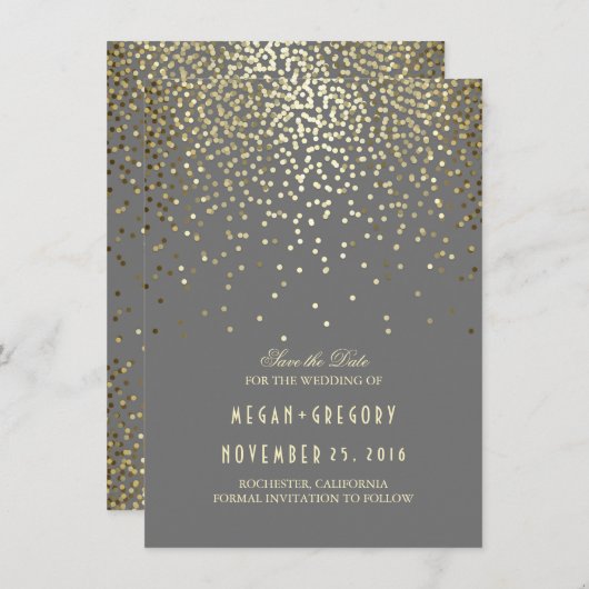 Gold Confetti Gray Elegant Save the Date (Vorne/Hinten)