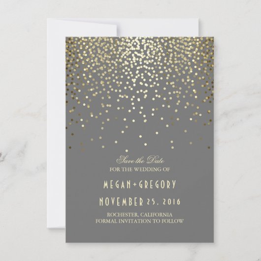 Gold Confetti Gray Elegant Save the Date (Vorderseite)