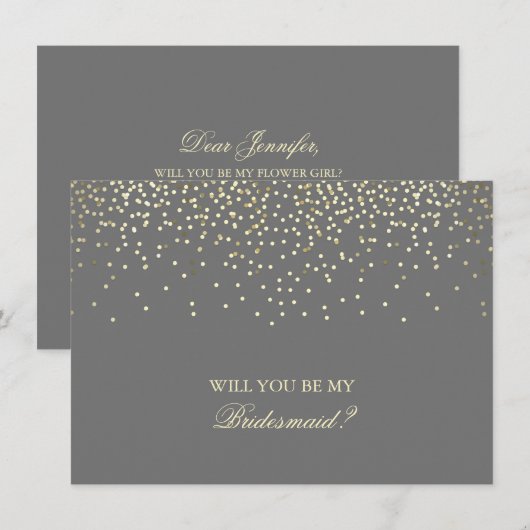 Gold Confetti Gray Wedding Bridesmaid Einladung (Vorne/Hinten)