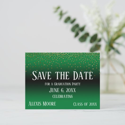 Gold Confetti Green Abschluss Save the Date Postkarte (Stehend Vorderseite)