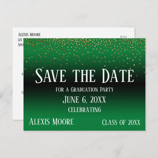 Gold Confetti Green Abschluss Save the Date Postkarte (Vorne/Hinten)