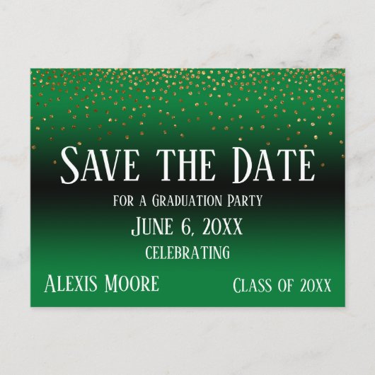 Gold Confetti Green Abschluss Save the Date Postkarte (Vorderseite)