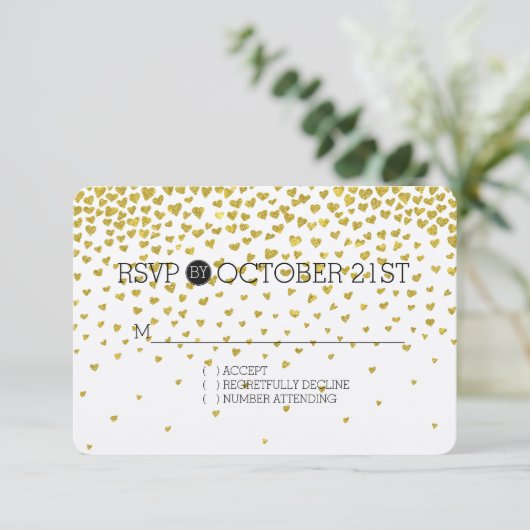 Gold Confetti Hearts UAWG RSVP Karte (Stehend Vorderseite)