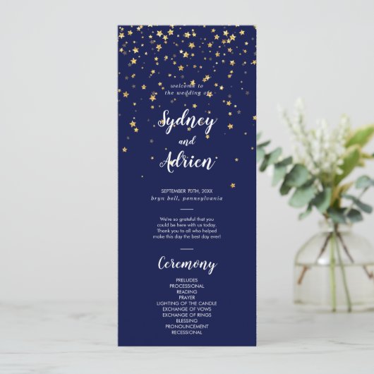 Gold Confetti | Hochzeitsprogramm der Marine Programm (Stehend Vorderseite)