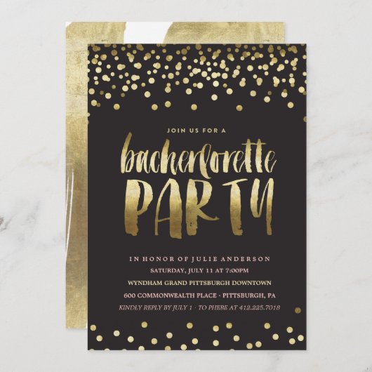 GOLD CONFETTI JUNGGESELINNEN-ABSCHIED EINLADUNG (Vorne/Hinten)