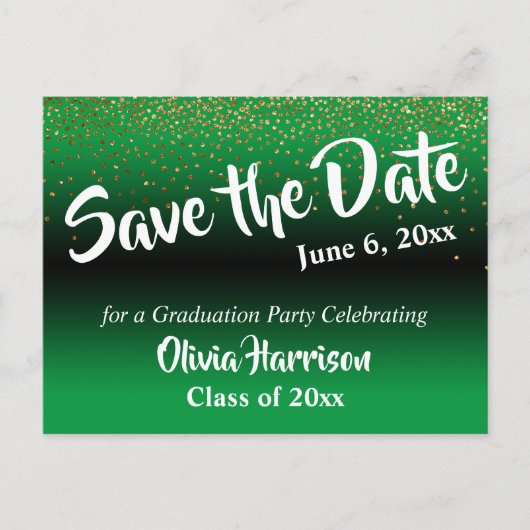 Gold Confetti Kelly Green Abschluss Save the Date Postkarte (Vorderseite)