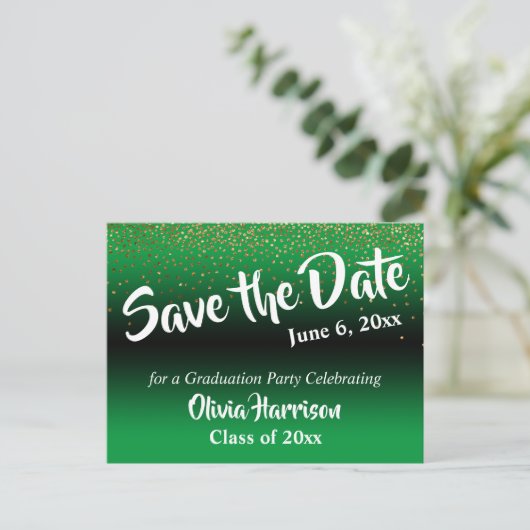 Gold Confetti Kelly Green Abschluss Save the Date Postkarte (Stehend Vorderseite)