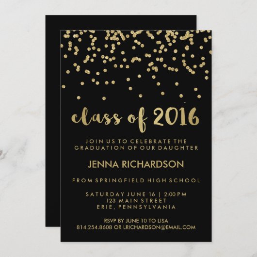 Gold Confetti Klasse von 2016 Graduation Party Bla Einladung (Vorne/Hinten)