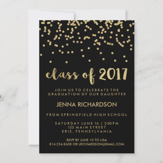 Gold Confetti Klasse von 2017 Graduation Party Bla Einladung (Vorderseite)