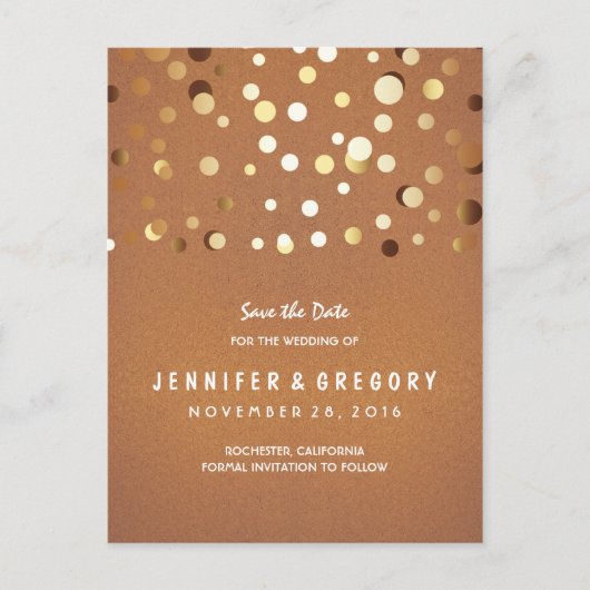 Gold Confetti Lässig und romantisch Save the Date Ankündigungspostkarte (Vorderseite)