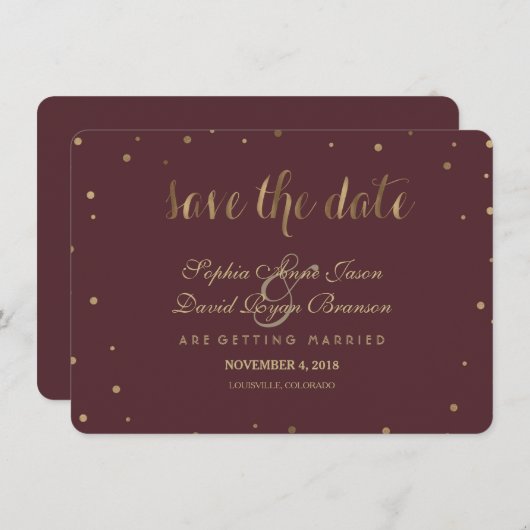 Gold Confetti Liebe Burgundy Wedding speichern das Save The Date (Vorne/Hinten)
