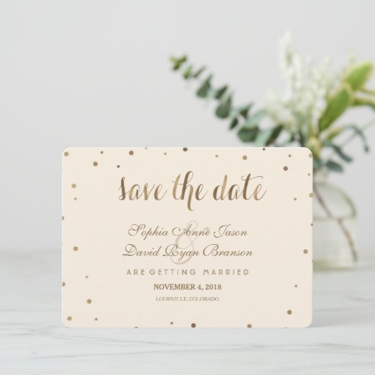 Gold Confetti Liebe Champagner Hochzeit speichern  Save The Date (Stehend Vorderseite)