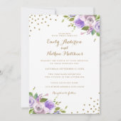 Gold Confetti Lila Blumenhochzeit Einladung (Vorderseite)