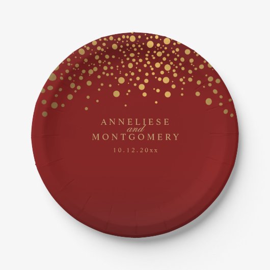 Gold Confetti Maroon Red Pappteller (Vorderseite)