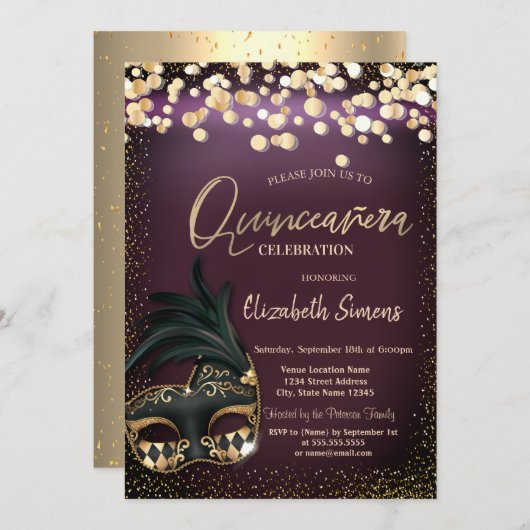 Gold Confetti Masque Burgundy Quinceañera Einladung (Vorne/Hinten)