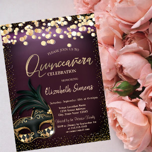 Gold Confetti Masque Burgundy Quinceañera Einladung
