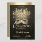 Gold Confetti Masque Gold Quinceñera Einladung (Vorne/Hinten)
