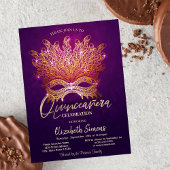 Gold Confetti Masque Lila Quinceañera Einladung