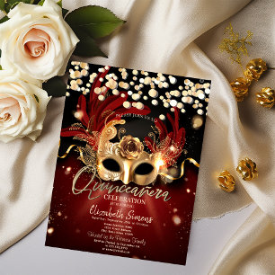 Gold Confetti Masque Red Quinceañera Einladung