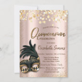 Gold Confetti Masque Rose Gold Quinceñera Einladung (Vorderseite)