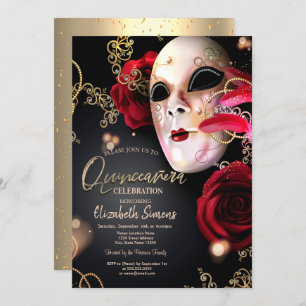 Gold Confetti Masque Rote Rosen Quinceañera Einladung