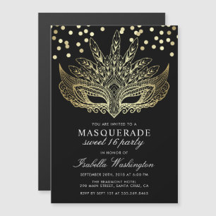 Gold Confetti Masquerade Sweet 16 Party Magneteinladung