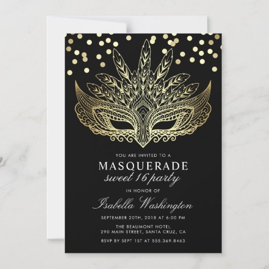 Gold Confetti Masquerade Sweet 16 Party Magneteinladung (Vorderseite)